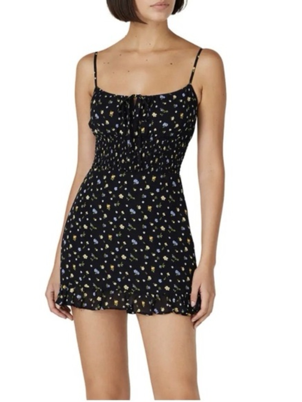 Reformation Black Floral Smocked Mini Dress